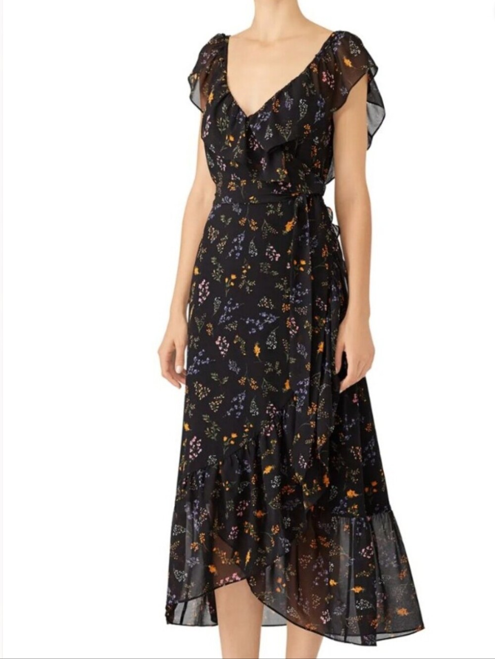 Rebecca Minkoff Black Maxi Dress with Purple & Orange Floral Print
